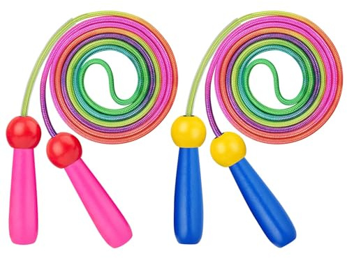 Flintronic 2PCS Cuerda Saltar, 2.5M Cuerdas de Saltar Ajustables, con Mango Madera, Cuerdas de Saltars Arcoíris para Niños y Niñas, para Fitness Actividad al Aire Libre