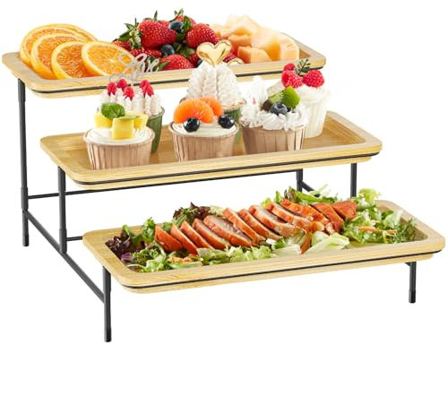 Lifewit Bandeja de servir de bambú de 3 niveles, 30 x 17 cm, bandeja de servir con soporte de metal negro para suministros de fiesta, accesorios de bufé, grandes bandejas reutilizables para verduras