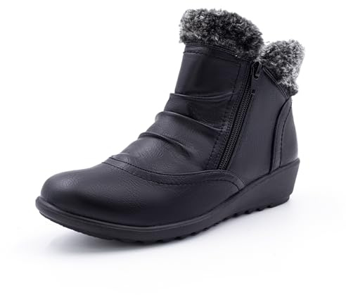 Cushion Walk EEE Extra-Wide Fit Faux Leather & Faux Fur Trimmed Double Zip Ruched Ankle Boots (6 UK, Black)