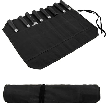 JDGFH Messertasche,Koch Messer Roll Bag,Messertasche Kochmesser mit 8 Fächern für Messer und Löffel,Wachs Leinwand MesserCase Lagerung,Geschenke für Pro-Köche oder kulinarische Enthusiasten (Schwarz)