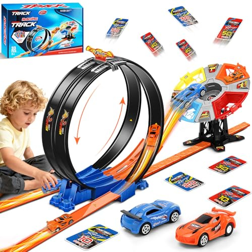 Charmofun Piste de Course Voiture Enfant, Circuit de Voiture Jouet avec Circulaires, Double Voies, Jouet Circuit pour Enfants de 3+ Ans