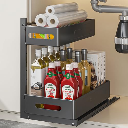 YunNasi Organizador Bajo Fregadero Deslizable de 2 Niveles con 4 Ganchos Altura Ajustable Estante de Especias Acero Inoxidable Estante para Cocina Baño (Negro)