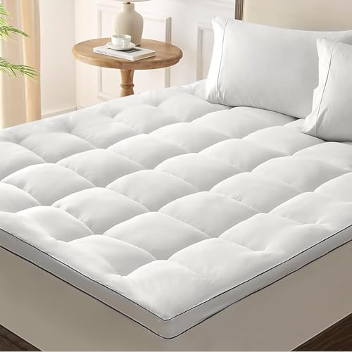 JINXIA Cooling Mattress Topper Queen for Double Bed | Extra Deep Hotel Quality Breathable Bed Topper,Deep Elastic Pocket, Plush Pillow Top Overfilled with Down, White