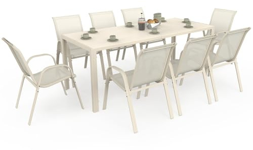 IDMarket - Salon de Jardin Madrid Table 190 cm et 8 chaises empilables | Coloris beige