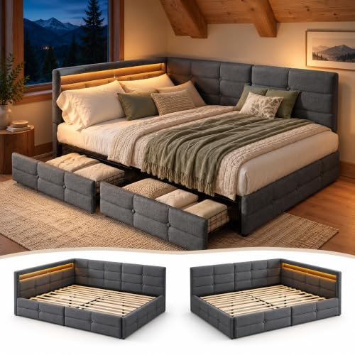 DULRLLY Dubbel bäddsoffa 140 x 190 med lådor, LED och USB-laddning | Dubbelsäng med låda, vadderad sänggavel, hörnsängsram för barn, tonåringar, gäster
