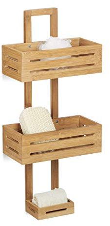 Relaxdays Duschregal Bambus H x B x T: 65 x 28 x 15,5 cm Duschablage aus Holz als Hängeregal Dusche mit 3 Ablagen Duschkorb als Badregal zum Hängen und rostfreier Badschrank sowie Badablage, natur