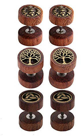 Jovivi 3 Pairs Organic Sono Wood Lion Head/Tree Life Fake Ear Plugs Cheater Gauges 10mm Illusion Screw Stud Earrings