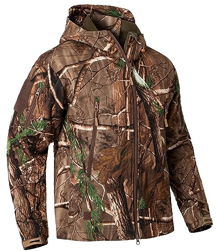 CARWORNIC Men's Camo Quiet Hunting Jacket Waterproof Softshell Fleece Lined Camouflage Silent Hunting Clothes Windproof Outdoor Work Safari Hiking Fishing Coat