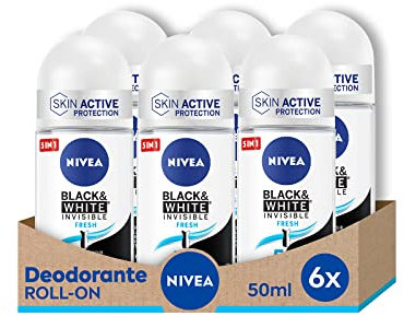 NIVEA Black & White Invisible Fresh Roll-on 6 x 50 ml Deodorant Women für Frische 72h Deo Roll-on Anti-Transpirant für Gerüche, Schweiß, Rückstände, Irritationen und Flecken auf Textilien
