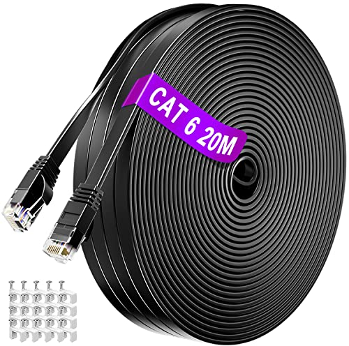 ikbc LAN Kabel 20 meter, Flach Netzwerkkabel 20m Schwarz, Hochgeschwindigkeits Ethernet Kable 20m, Gigabit Internet Kabel 1000Mbps 250Mhz, Cat6 RJ45 Patchkabel für Router Switch Modem