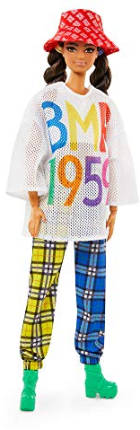 Barbie GNC48 - vollbewegliche Modepuppe (braune Haare, ca. 30 cm), mit Mesh-T-Shirt, Karierter Jogginghose und Bucket Hat, ab 6 Jahren