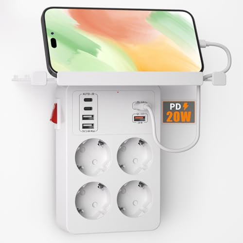 PD20W Regletas Enchufes con Interruptor, Ladron USB con Carga Rápida PD3.0 y QC18W, Enchufe Multiple Pared con 4 Tomas Schuko 6 USB Cargador, Adaptador con Estantería, Blanco