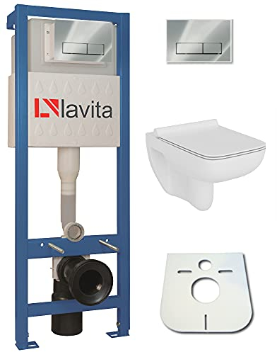 WC-Set Vorwandelement inkl. Drückerplatte + Wand WC Capri Slim ohne Spülrand + WC-Sitz mit Soft-Close-Absenkautomatik (RC) Toilette Komplett Sett WC