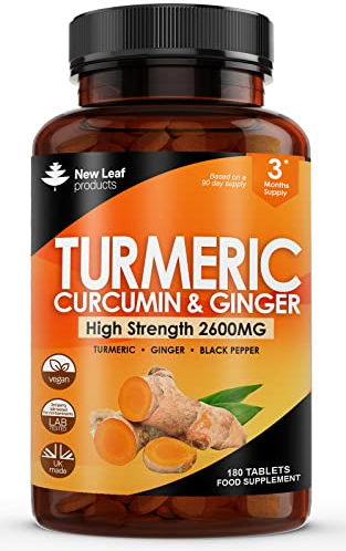New Leaf 180 Comprimés de Curcuma avec Gingembre et Poivre Noir, Complément de Curcuma Actif 2 600 mg, 95% d'Extrait de curcumine, 180 Comprimés (3 Mois), Haute Concentration
