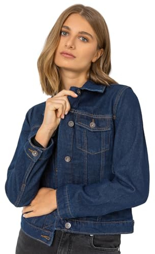 Roman Originals Jean Denim Jacket for Women UK Ladies 100% Cotton Summer Casual Stretch Crop Smart Utility Trucker Biker Fitted Vintage Wash Faded Classic Work Twill - Indigo - Size 12