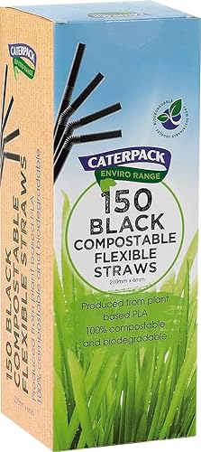 Caterpack Enviro Range Black Flexi Paper Straws 150 Pack, 210 x 6mm, Fully Recyclable, Biodegradable and compostable. Strong & Sustainable.
