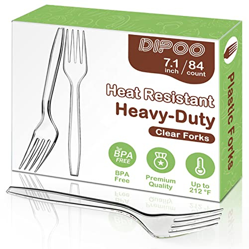 Dipoo 7.1 Clear Plastic Forks Heavy Duty with Heat Resistant & BPA Free, Solid and Durable Plastic Cutlery, Premium Disposable Forks for Party Supply(84 Count)