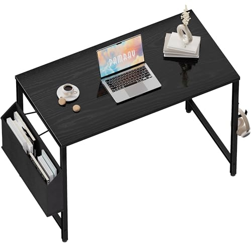 PAMRAY 80x40cm Schreibtisch Computertisch für kleine Räume mit Aufbewahrungstasche, Home Office Arbeitstisch mit Kopfhörerhaken, Kleiner Bürotisch Studie pc Tisch