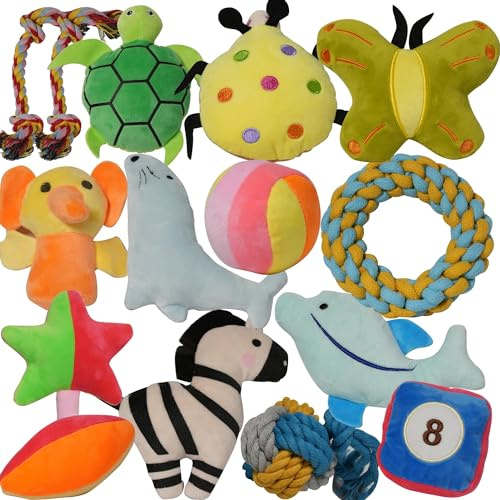 SZKOKUHO Puppies Pet Multiple Designs Rope Dog Chew Toys,Cute Stuffed Plush Puppy Squeaky Toys for Small Medium Dogs Interactive Play Exercise (Pack of 15)