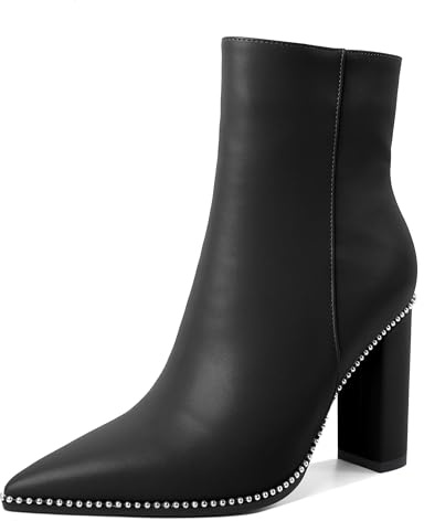 Eldof Womens Ankle Boots Beaded Chunky Boots with Side Zipper Closed Pointed Toe Block Heel Booties Faux Leather Black 3.5 Inches US Size 7.5