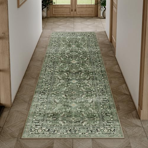 HUGEAR Vert Vintage Tapis Couloir Long Antidérapant Lavable en Machine 60x240cm Cuisine Chambre Adulte Interieur Bureau Poil Ras Decoration Chambrel