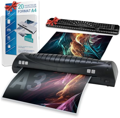 A3-Laminiergerät mit 20 A4 Hüllen und einem Papierschneider, Heißlaminiergerät A3, A4, A5, A6 mit Starter Set, für Büro Zuhause Schule