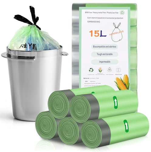 RAYITO 80 x 15 Liter Small Bin Liners, 5 Rolls Bin Bags Drawstring Rubbish Bags Food Waste Bag Garbage Bag Bathroom Bin Liners Trash Bags for Office Bathroom Kitchen Garbage(48x50cm, Green)