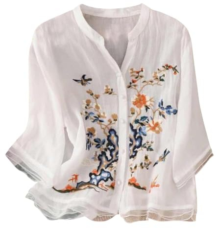 Linen Tops for Women UK Casual Linen Office Blouses Sales Floral Embroidered Top Cotton Holiday Shirts Boho Ethnic Style Tee Women 3/4 Sleeve V Neck Tunic Tshirt