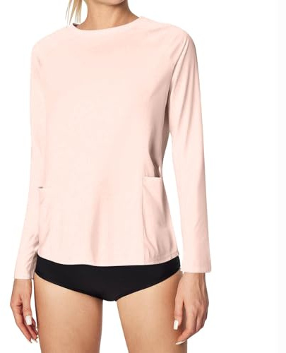 Dmmtot Camiseta de protección para mujer, para exteriores, protección UV UPF 50+, protección UV, con bolsillos, ajuste seco, para senderismo, playa, natación, correr, talla S-XXL, rosa, L