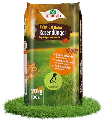 Verdurmax 1 x 20 kg engrais pour gazon d'automne de qualité supérieure - 100% végétalien - Engrais NK 7+18 (+14+2+25) - Résistant à l'hiver et au gel - Granulés sans poussière