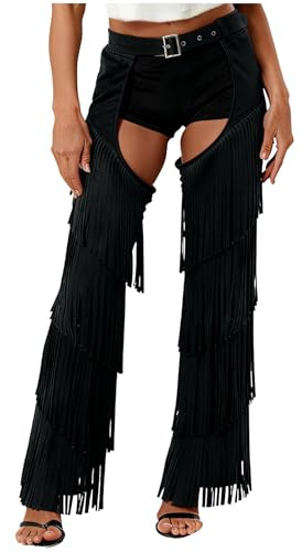 Hedmy Pantalon Chaps Cow-Boy à Franges Femme Pantalon Danse Disco Hippie Performance Carnaval Halloween Spectacle Noir M