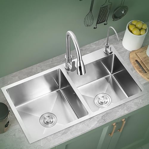 KUYBTU Kitchen Sinks, Stainless Steel Double Sinks, Thickened Washbasins, Undercounter Sinks, Bar Sinks, Large Capacity; Countertop/Medium/Undermount Installation -78x45cm(30.7x17.71in)