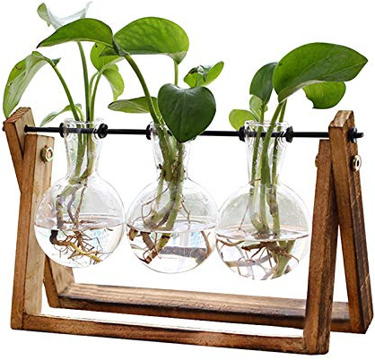 XXXFLOWER Terrarium pour Plantes avec Support en Bois, Vase en Verre et Support pivotant en métal rétro pour Culture hydroponique, décoration de Maison, Jardin, Bureau, Vase à 3 Ampoules