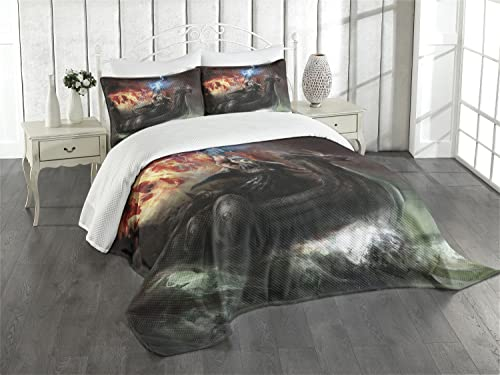 ABAKUHAUS Drachen Tagesdecke Set, Wikinger-Boot Stürmische See, Set mit Kissenbezügen Moderne Designs, für Doppelbetten 264 x 220 cm, Rot Schwarz