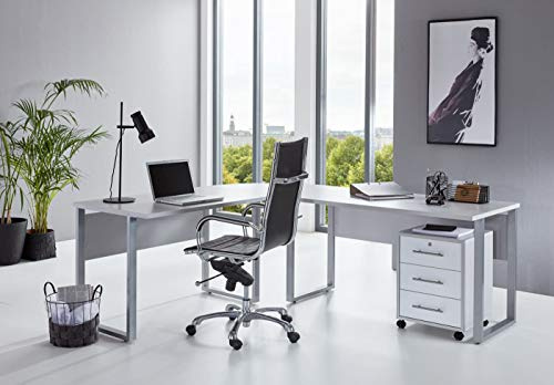 HORLAT BMG-Moebel.de Büromöbel komplett Set Arbeitszimmer Office Edition in Lichtgrau/Weiß Hochglanz (Schreibtisch mit Rollcontainer)