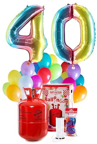 PARTY FACTORY Helium Geburtstags-Komplettset 40 - mit XXL Zahlenballons, 0,4m³ Ballongas, Ballonschnur & 30 bunten Latexballons - für Geburtstag, Jubiläum, Jahrestag in versch. Farben (Regenbogen)