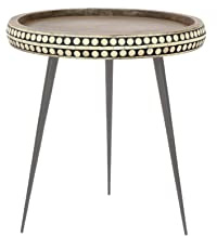 byLIVING Beistelltisch JANA/Kleiner runder Couchtisch Massivholz Mangoholz Natur/Füße Metall schwarz pulverbeschichtet/Sofatisch mit Muster Verzierungen/D 35, H 42 cm