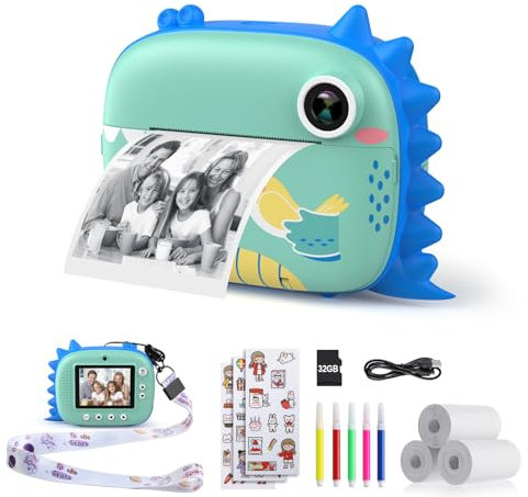 HiMont Kids Camera Instant Print, Digital Camera for Kids with No Ink Print Paper & 32G TF Card, Selfie Video Camera with Color Pens for DIY, Fun Gift for Girls Boys 3-14 Years Old (Blue)