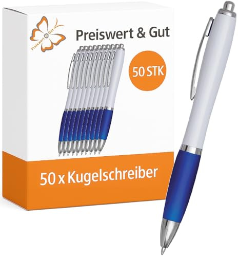 Preiswert & Gut 50x Kugelschreiber blauschreibend - 50er Set aus Kunststoff mit Druckmechanismus gummierter Griffzone und Clip für Büro Schule Alltag 14 cm