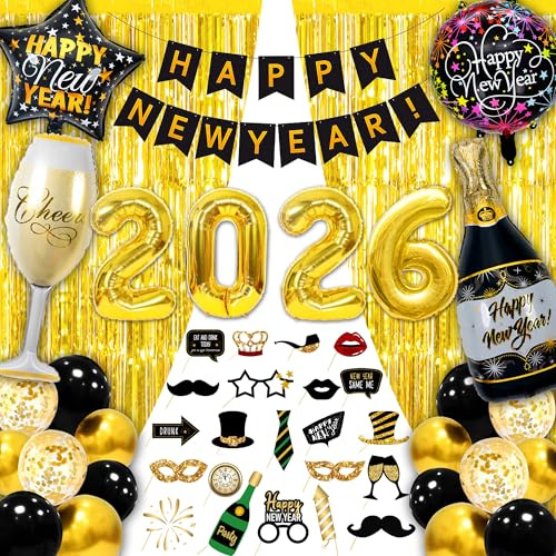 Echehi Decorazioni Capodanno 2026 48 Pz, Gadget Capodanno 2026, Palloncini 2026(32 Pollici), Striscione Happy New Year, Tenda Con Frange, Accessori Foto Booth