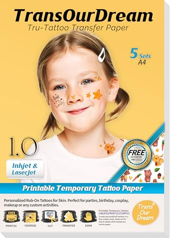 TransOurDream Tattoo Paper Clear 5 Sets A4 for Inkjet/Laser Printer | Transparent Printable Temporary Customized Tattoos Tattoo Stickers for candles(TOD-08-5)