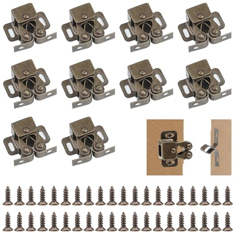 YEYIT Doble Rodillo Gabinete Pestillo Puerta 10 piezas pestillos para armarios cierre puerta armario con 40 tornillos para armarios, muebles（Vintage Bronce）