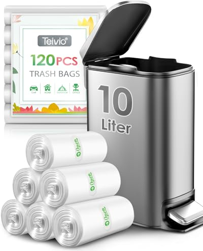 Teivio 10 Liter Small Bin Bags 120 Counts Pedal Bin Liners Thick Plastic Waste Bags for Bathroom, Kitchen, Office, Fit 7.5-10L Rubbish Bin, Clear