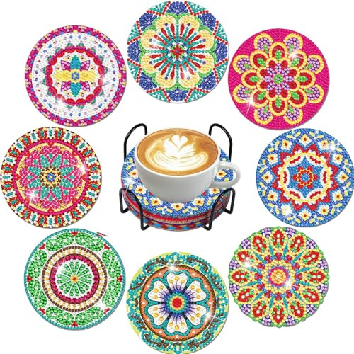 Frundoo 8 Piezas 5D DIY Diamante Artes Pintura Posavasos, Mandala Diamond Painting Posavasos Redondos, Posavasos para Bebidas Taza de Mesa para Adultos Niños Manualidades