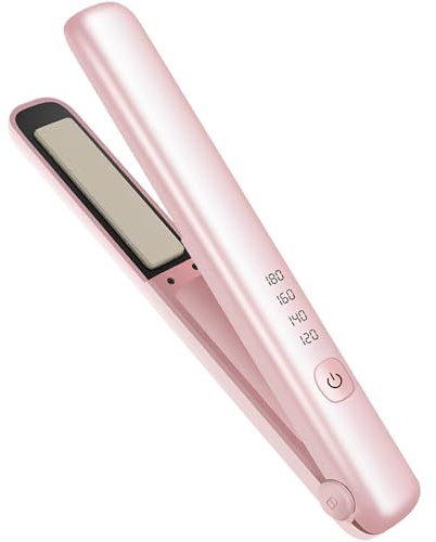 Glätteisen Kabellos, 2 in 1 Mini Haarglätter für Unterwegs Mini Haarglätter Und Lockenstab mit USB-C Aufladung Kompakter Tragbarer Keramik-haarglätter zum Locken und Glätten mit LCD-Display (Rosa)