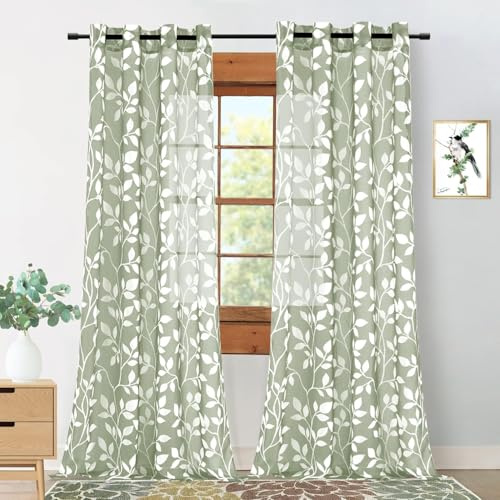 MRTREES Tende per Interni Moderne Verde Grigie Tende Trasparenti in Voile con Occhielli per Camera da Letto Soggiorno Salotto Eleganti Finestre Tenda con Stampa di Foglie 140x260 cm 2 Pezzi
