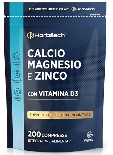 Calcio Magnesio Zinco e Vitamina D3 | 200 Compresse Vegane | Calcio Integratore ad Alto Dosaggio | Calcium Complex | Calcium Magnesium Zinc Vitamin D3 Supplement | Horbaach