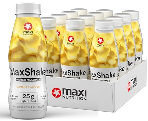 MaxiNutrition MaxShake Protein Milkshake Banana Flavour, 12 x 330ml, 25g protein, low fat & low carb, lactose-free, no artificial flavors,
