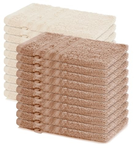 Lavea® Lot de 20 Gants de Toilette 15x21 cm en Éponge 100% Coton – Doux et Absorbants – Maison, Hôtel, Spa, Invités, Bébé – Serviette Visage/Essuie-Main – Cappuccino et Crème