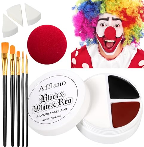 Afflano Peinture Corporelle Noir Blanc Rouge, White Face Body Paint Maquillage Deguisement Blanc Visage, Corporelle Pour Halloween Carnaval Clown Cosplay Zombie Vampire,Pinceaux èponges Red Nez 10 Kit